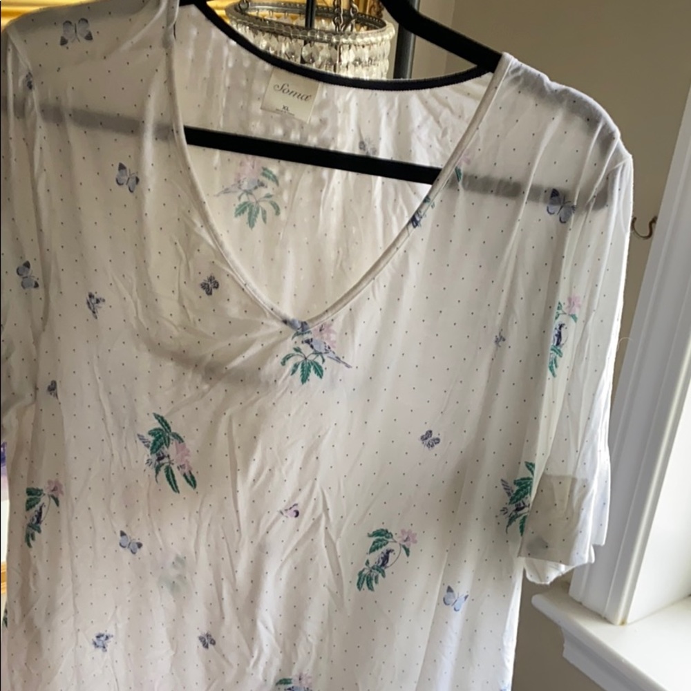 Onia White V-Neck Floral Sleep Tee with Lavender & Green Accents